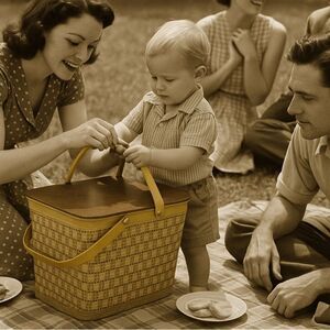 Vtg Redmon Woven Picnic Basket 🧺 Mid-century modern Hard shell lid Dual handles